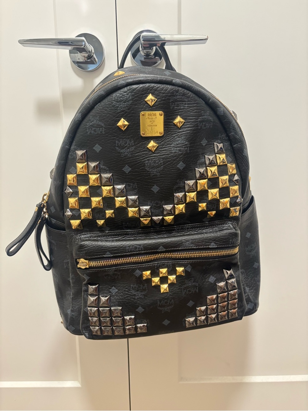 MCM Black Leather Backpack with Gold Studs and Trim